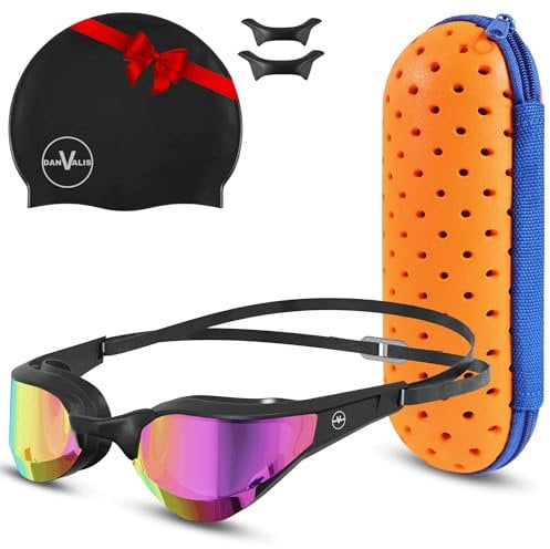 danvalis Gafas de natación hombre, polarizadas, gafas natacion mujer, con Estuche de gafas y Gorro natación e intercambiador medida nasal,gafas de natación,gafas piscina