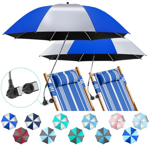NBtoUS 2 Pack Chair Beach Umbrella with 360 Universal Clamp, UPF50+ Umbrella Outdoor Patio Sun Protection for Chairs, Beach &Patio Use(Silvery and Azure Blue,Not Include Chair)