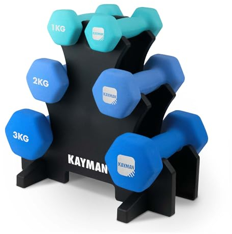 Kayman Neoprene Dumbbell Set with Stand - 6 Piece, 1kg 2kg 3kg Weights - Hex Anti-Roll Design, Soft Grip, Home Workout Equipment, Compact Storage, Cast Iron, Easy to Use (Blue)