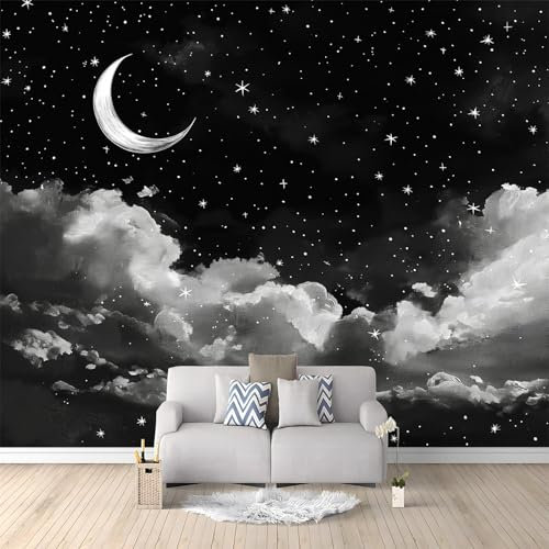 Papier Peint Panoramique Peinture Lune Étoiles Nuages 200x140 cm Mural Papier Peint intissé Geant Poster Décoration pour Salon Chambre Chambre D'enfants Restaurant Murale