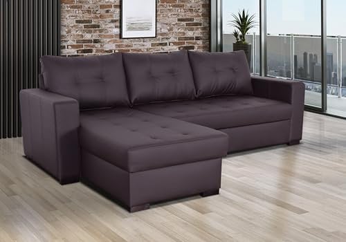 Corner Sofa Bed with storage in Brown Artificial Leather. Left Right L shaped sofa