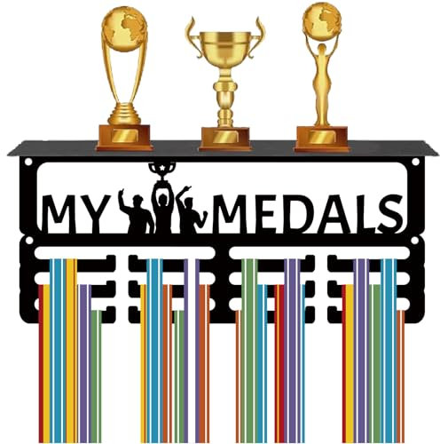 CREATCABIN My Medals Hanger Display Trophäenregal Medaillenhalter Aufhänger Sportmedaillen Wandhalterung Trophäenhalter Schwarzem Metall Medaillen Organizer Auszeichnungsständer Für Fußball 29x13x10cm