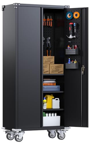 SUPEER Metallschrank mit Pegboard und Abschließbare Räder, 4 höhenverstellbaren Fachböden,Stahlblech Pulverbeschichtung,Stahlschrank Abschließbar für Werkzeuge,Garage180 x 80 x 40 cm(Schwarz)