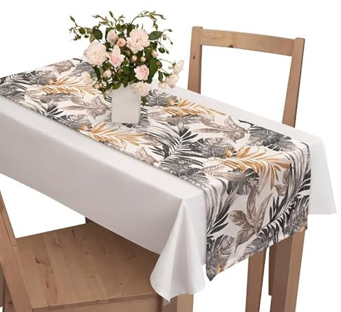 Voppi Lange Tischläufer gemustert Tischdeko 200cm gold grau Blätter elegante Tischdecke für Küche Wohnzimmer Restaurant