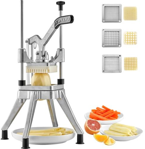 WUDLEP Commercial Vegetable Fruit Chopper, Stainless Steel French Fry Cutter with 3 Blades, 1/2in 3/8in 1/4in, Manual Fruit and Vegetable Cutter for Professional Kitchen Food Use