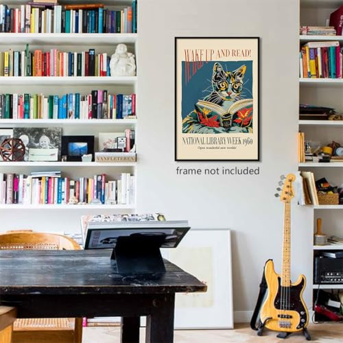 GAINOW Vintage Katze und Buch Poster, Wake Up and Read Inspirierende Wandkunst Leinwand, Retro 1960 National Library Week Wandkunst, Lesekunst für Buchliebhaber Wanddekoration 30x40cm ungerahmt