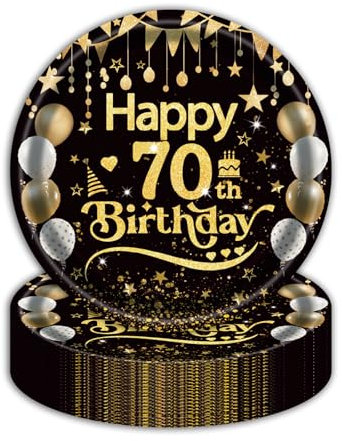 EVYIENEN 50Pcs Black and Gold 70th Birthday Paper Plates,7inch Happy Birthday Disposable Paper Plates Party Decorations for Man Women 70th Party Supplies