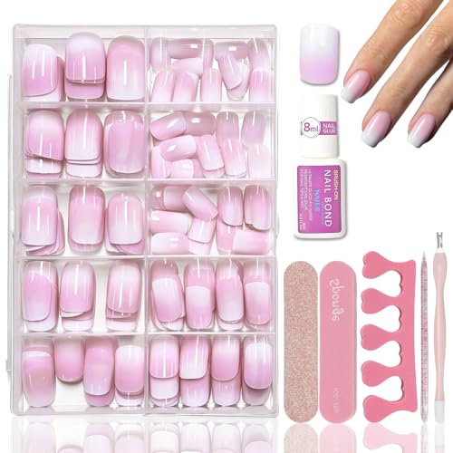 240 Stück Press on Nails Square Set - Lila Rosa Farbverlauf Weiß Fake Nägel - Natürlicher Gradient Künstliche Nägel Kurz - Glänzend Kunstnägel Zum Aufkleben für Frauen Mädchen (Purple Pink & White)