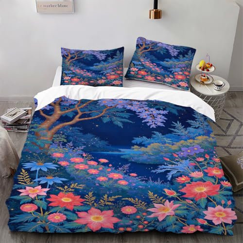 Zbeiba Mitternachtsdunkel Bettwäsche 135x200,Bunte Blumen Bettbezug Set Für Teenager Kinder Mikrofaser Bedding + 2 Kissenbezüge(135x200+2 * 80x80,#4
