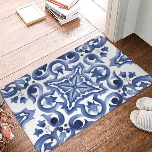 OOAHJEID Zerbino Tappetino antiscivolo con motivo floreale blu decorato in piastrelle siciliane mediterranee