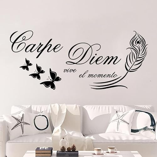 Wandaufkleber mit Federn, Motiv: Spanisches Carpe Diem, Live in the Moment, Kinderzimmer, Schlafzimmer, spanischer Carpe Diem, Schmetterling, 117 x 50 cm