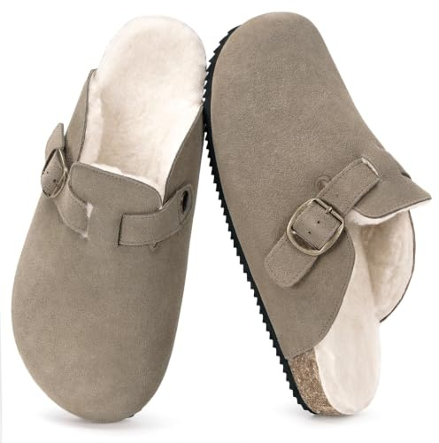 Dokela Clogs Gefüttert Damen Hausschuhe Herren Winter Schuhe | Leder Pantoletten Wärme Gefüttert, Haus Schlappen Mit Kork-Fußbett, Rutschfeste, Bequeme