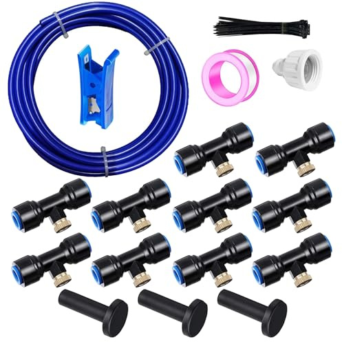 HAXIHA Blau 10M Sprühnebel Kühlung Bewässerungs System,Outdoor Misting System,mit 10 Messing Nebeldüsen und 10 T-Stück-Anschluss,Geeignet für Garten Gewächshaus