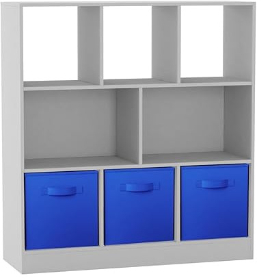 URBNLIVING 8-Cube White Bookcase Shelf Unit – Asymmetrical Storage Organizer with 3 Fabric Drawers for Home or Office - Dark Blue