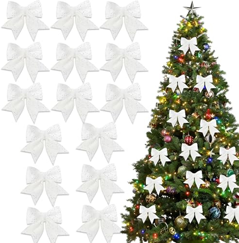 15 Stück 12x15cm Weihnachtsschleifen,Schleifen Weihnachtsbaum Weiß,Weihnachtsbaum Deko Schleifen,Glitzer Schleifen Weihnachtsbaumschmuck,Weihnachten Schleifen für Weihnachtskranz Geschenke Deko