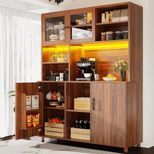 Oslghy Küchenschrank Hochschrank, Buffetschrank mit LED & Glastür, Vorratsschrank Küche Hoch mit Dreistufige Höhenverstellung & Schubladen, Retro-Stil, Walnussfarbe Vitrinenschrank, 120×40×185cm