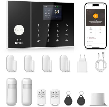 PGST GSM WiFi Funk Alarmanlage Haus - Smartphone App und SMS/Anruf - mit Sirene Fenster Türsensor Bewegungsmelder Fernbedienungen RFID,Funktioniert mit Alexa