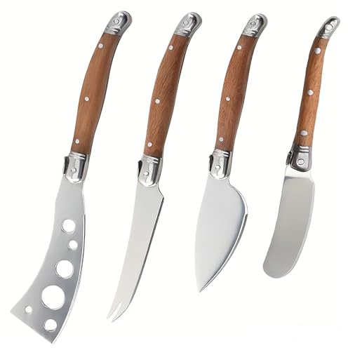 TMZDCJK Stainless Steel Cheese Knives Set Rosewood Handle, 4-Piece | Artisan Kitchen Cutlery includes Butter knife, Butter Spreader & Pizza Cutter, ideal for cheese platter and charcuterie board