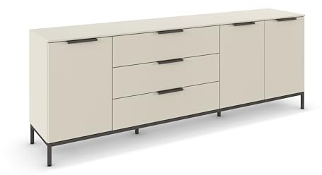 Rauch Möbel Flipp, Kommode, Farbe Beige, Breite 199 cm | Sideboard, 3-türig, 3 Schubladen, Soft-Close, Griffe, Metallkufe Graphit für Schlafzimmer, Gästezimmer, Wohnzimmer