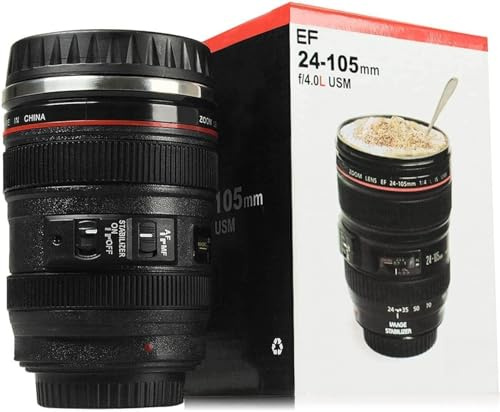 BUTKKXY Objektiv-Kaffeetasse, 350 ml, Edelstahl, vakuumisoliert, Reisebecher mit Schieberdeckel, Fotografen Geschenke für Männer und Frauen, kreatives Foto-Themen-Trinkgeschirr, Schwarz