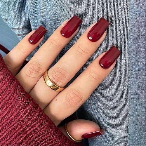 Dark Red Press On Nails in Medium Coffin Shape with Glossy Finish - 24 Pcs Multi Size Reusable Stick On Artificial Nails for Women, Spring Valentine Date Night, Long Square Tip Design, Burgundy Red