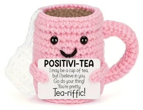 Wvbzf 1PC Positive Crochet Animals Emotional Support Crochet, Pink Tea Cup Plush Doll for Desk Decor and Gift Giving, Handmade Knitted Companion for Women and Students, 6x5cm Compact Size