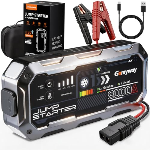 Booster Avviamento Auto 8000A Portatile Avviatore di Batteria Auto/Moto/Motoscafo(fino a ALL Gas/10.0L Diesel), 12V Avviatore di emergenza per Auto con cavo di sicurezza, LED