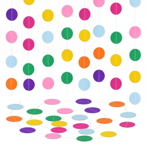 Colourful Paper Garland Bunting, Rainbow Round Circle Paper Chain Strips for Birthday Party Decorations, Hanging Polka Dots Streamers for Wedding Garden Indoor Outdoor Supplies