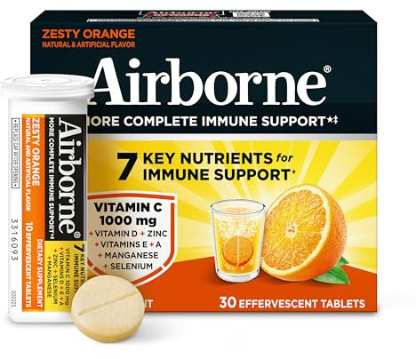 Airborne 1000mg Vitamin C + Zinc Sugar Free Multivitamin Immune Support Effervescent Fizzy Drink Tablets, Zesty Orange Flavor with Powerful Antioxidants Vitamins A C & E, 30 Tablets