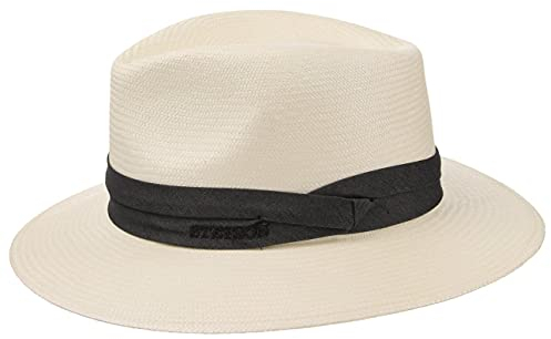 Stetson Chapeau Panama Jefferson Bleached Homme - Made in Italy Traveller en Paille pour avec Ruban Gros Grain Printemps-ete Ete - 58 cm Blanc Creme