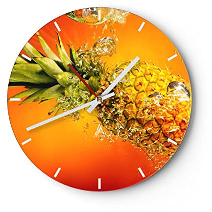 Modern Wanduhr Karibik Ananas Frucht gesund 30x30cm Rund Klein Wand Uhr Glas Analog Zimmeruhren Küche Büro Wohnzimmer Glasuhr Wall Clock Dekoration Design Wanddekoration Küchenuhr C3AR30x30-2209