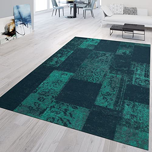 TT Home Wohnzimmer Teppich Kurzflor Marokkanisches Design Abstrakt Used Look Ornamente, Farbe:Türkis 3, Größe:200x290 cm