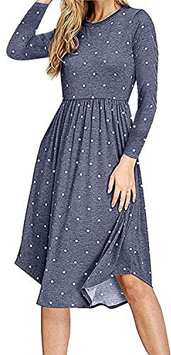 PCEAIIH Women Long Sleeve Pleated Polka Dot Pocket Swing Casual Midi Dress (2XL, Lo-Light Blue)
