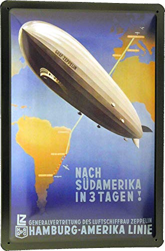 Tin Sign Blechschild 20x30 Luftschiff Zeppelin Hamburg Amerika Linie Werbe Plakat Design Weltreise Urlaub Reisen Hindenburg LZ 127