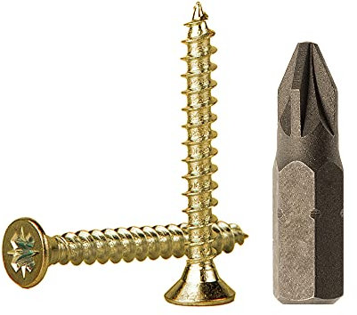 Lot de 300 vis à bois en acier zingué jaune 3,0 x 30 mm, vis à panneaux d'aggloméré, vis à tête fraisée Pozidriv (300, 3,0 x 30 mm)