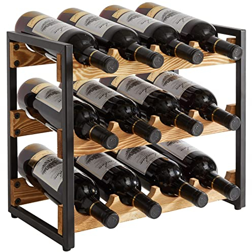IBUYKE Etagère à Bouteille en Bois,Casier à Vin Empilable Rangement à Vin à 3 Niveaux pour 12 Bouteilles,pour Bars, sous-Sols,Cave à Vin,Cuisine,Noir Vintage,TMJ904H