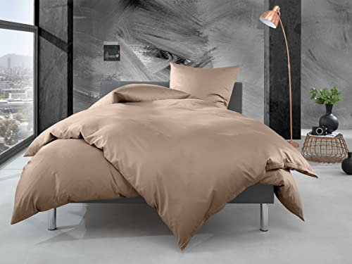 Bettwaesche-mit-Stil Mako Perkal Bettwäsche Uni einfarbig Hellbraun (Garnitur 200x200 + 2X 80x80 cm)