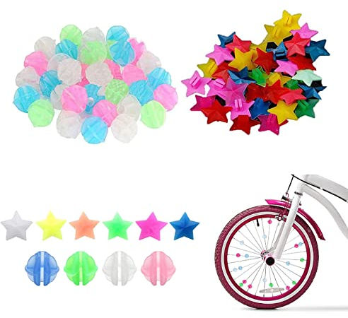 Toulifly Fahrradspeichen Dekor, Fahrrad-Clip, 72 Stück Runde Fahrrad Rad Speichen Perlen, Fahrrad Perlen, 36pcs Leuchtendes Räder Perlen &36pcs Sternform Räder Perlen, Geschenk für Mädchen und Jungen