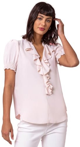 Roman Women Frill Front Vest Top Ladies Ruffle Blouse Summer Spring Special Occasion Evening Holiday Cruise Cocktail Party Short Long Sleeve Sleeveless V-Neck - Light Pink - Size 18