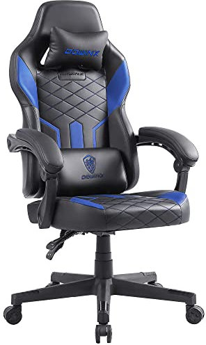 Dowinx Chaise Gaming Réglable Fauteuil de Bureau, Chaise Gamer avec Support Lombaire de Massage, PU Ergonomique Siege Gamer avec Appui tête, Fauteuil de Style Course (Bleu Noir)