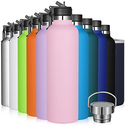 GeeRic 1L Bouteille d'eau en Acier Inoxydable Bouche Large, Bouteille d'eau en métal à Double Paroi Isotherme sous Vide, 12 Heures Chaudes et 24 Heures Froides, Rose Clair