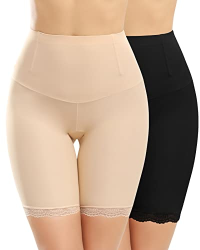 Xnova Damen Bauchweg Unterhose Miederpants Miederhose Shapewear, Anti-Chafing Spitzen Shorts Hipster Panty, Unter Rock Kurz Hose Blickdicht (2 Stück schwarz, hautfarben, L)