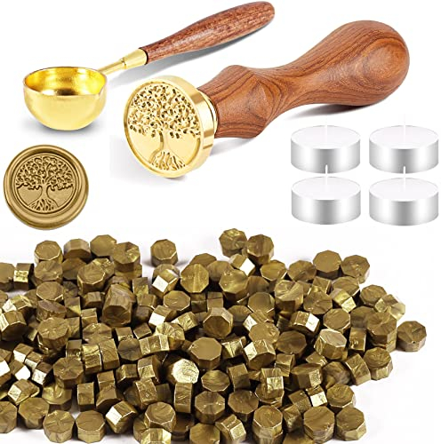 Foonii 200 Stück Siegelwachs Perlen Set Wachssiegel Stempel mit 1 Siegelstempel, 1 Schmelzlöffel, 4 Teelichte | Siegellack Perlen Set für Umschlag/Einladungen/Karten/Geschenk (Lebensbaum,Dunkelgold)