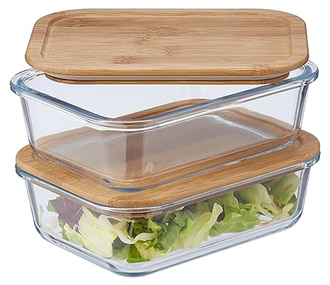 Relaxdays Glasbehälter mit Deckel, 2er Set, je 800 ml, Frischhaltedosen, Bambusdeckel, luftdicht, transparent/natur