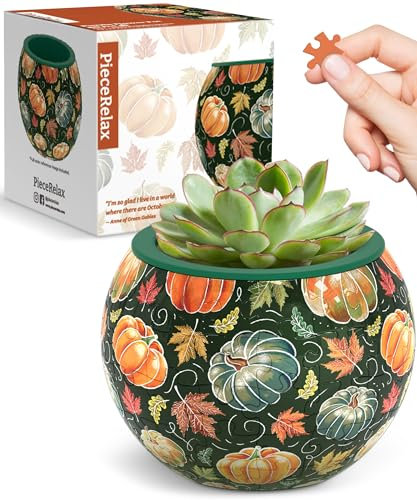 PieceRelax 3D Puzzle Planter - Hello Pumpkin Season - Small Round Plant Pots with Drainage, Home Decor Flower Pots for Indoor Cactus, Succulents Pots [K1107]