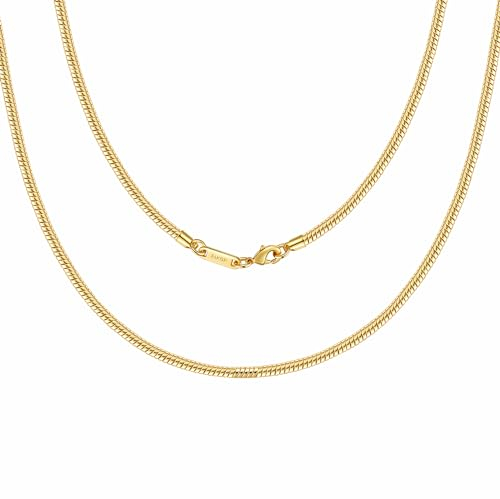 DJADEE Schlangenkette Kette 24 Karat vergoldet wasserfest 1,2-3 mm breit 40-80 cm lang Hypoallergen Messing Halskette für Damen Herren Kinder gestempelt Hellgold (1,2 mm x 65 cm)