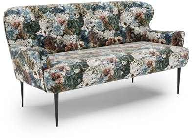 CAVADORE 2,5-Sitzer Küchensofa Amba, Trendige Sitzbank für Küche oder Esszimmer / 173 x 97 x 87 / Jacquard Flachgewebe: Blumenmuster Blau