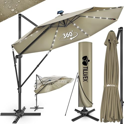 tillvex® Premium Alu Sonnenschirm LED Solar 330 cm + Abdeckung & Windsicherung | Ampelschirm 6-Fach Verstellbar mit Kurbel | Gartenschirm 360° Drehbar Neigbar Kippbar | Kurbelschirm UV50+ wasserdicht
