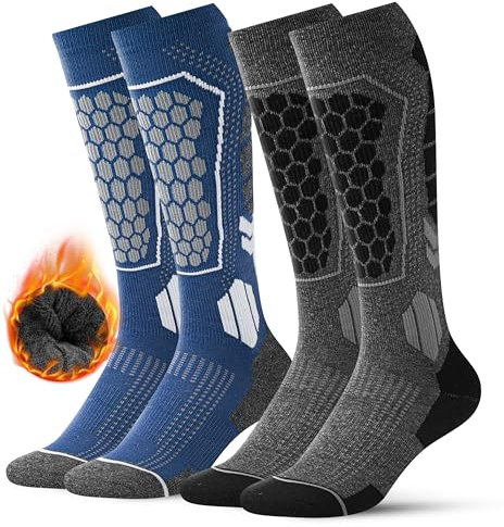 FORVEVO 2 Paar Merino Wollsocken Herren 43-46,Warme Gepolsterte Skisocken,Atmungsaktive Weich Thermosocken,Wintersocken für kaltes Wetter, Snowboard(Dunkelgrau/Blau)