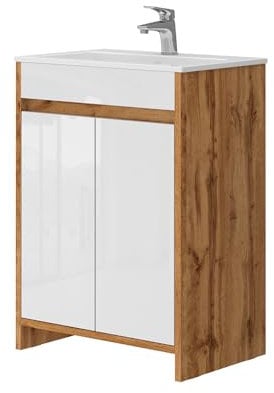 Vicco Waschtischset Lemgo, Badezimmerschrank-Set, Goldkraft Eiche/Weiß Hochglanz, 2 Teile